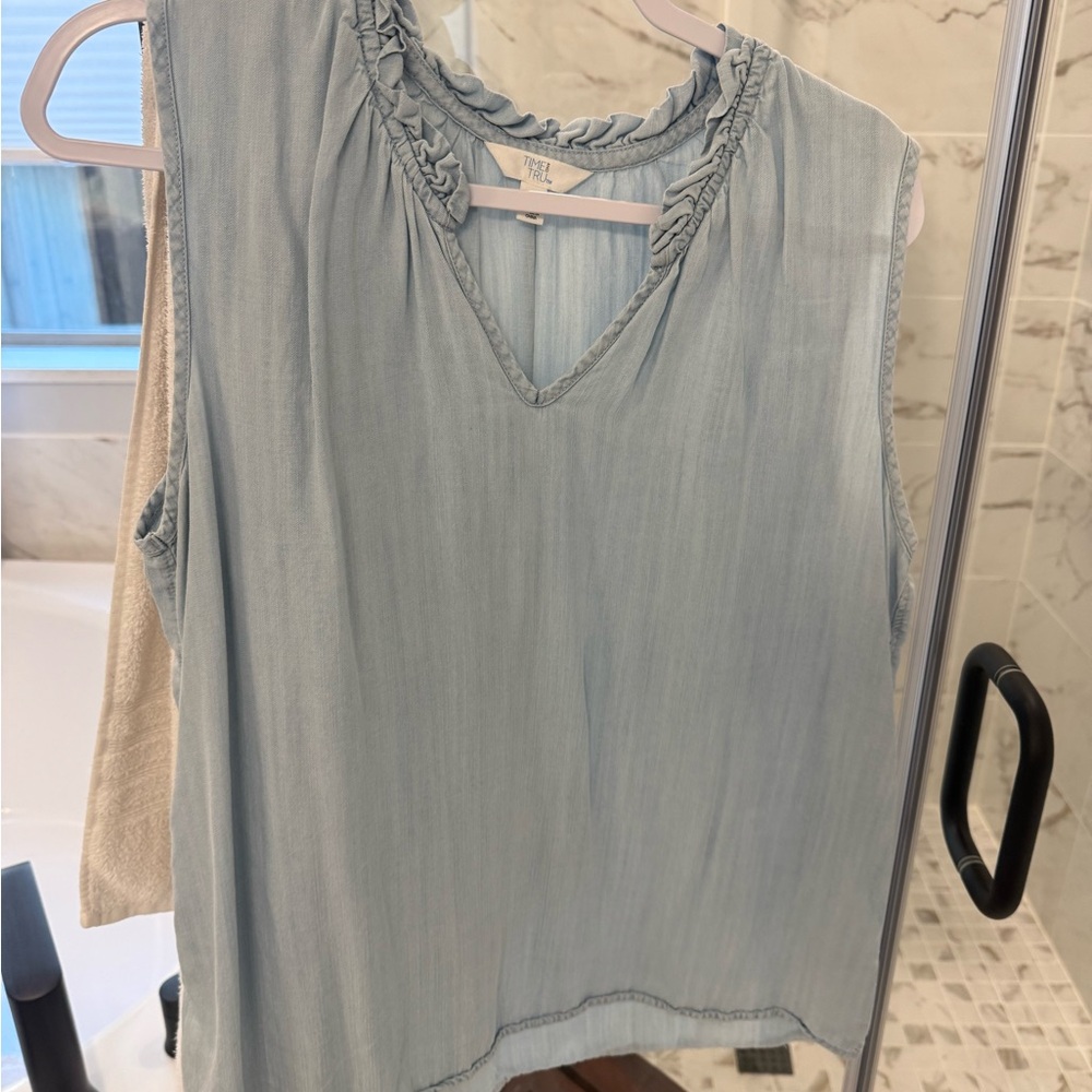 Time & Tru Tencel Light Blue Ruffle Neck Blouse